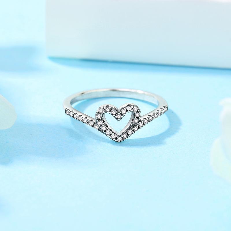 Original 925 Sterling Copper Ring Wishbone Love Heart Crystal Rose Gold Rings For Women Wedding Engagement Birthday Gift Zircon