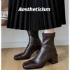 Korean version of elastic short boots 2025 autumn new thick heel square head side zipper thin height increase versatile thin boots women