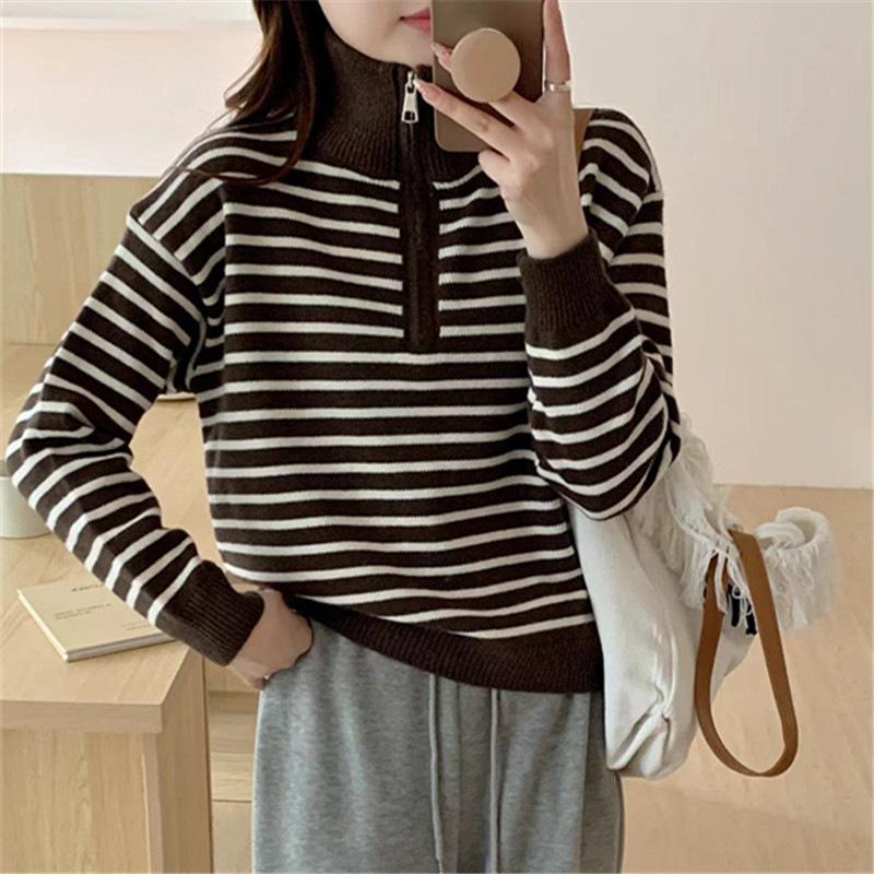 Flip Collar Half Zipper Striped Pullover Sweater for Women Autumn and Winter New Loose Knit Sweater
