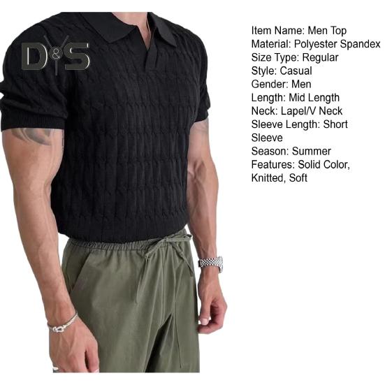 Herren Sommer Top Umlegekragen V-Ausschnitt Jacquard Strick Einfarbig Kurze Ärmel Locker Dehnbar Formeller Business-Stil Mittellanges Herren Alltagshemd
