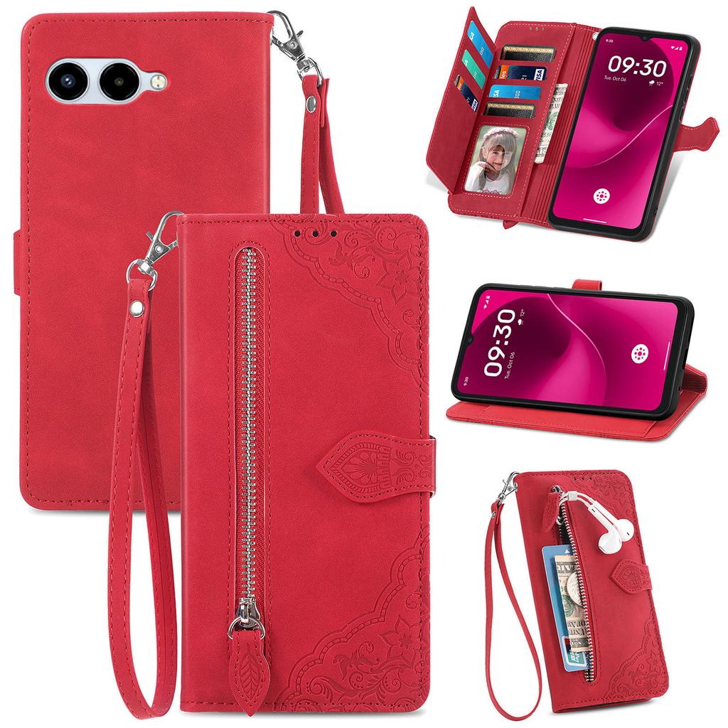For T-Mobile REVVL 8 Zipper Wallet Case with Strap Flower Imprint PU Leather Phone Cover