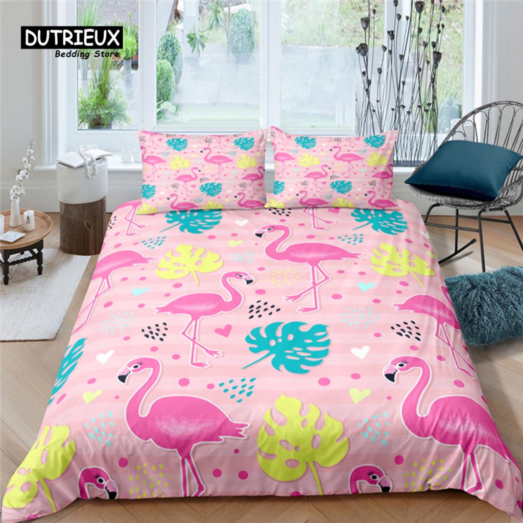 Home Living Luxury Flamingo Print 2/3Pcs Soft Duvet Cover PillowCase Queen and King Size Kids Bedding Set EU/US/AU Size