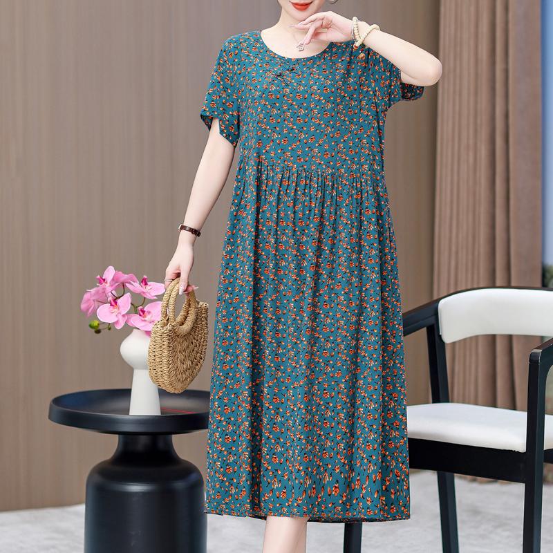 Elegant Dresses for Women Plus Size Loose Casual Vintage Print Long Dress With Sleeves Summer Middle-aged Women's Clothing