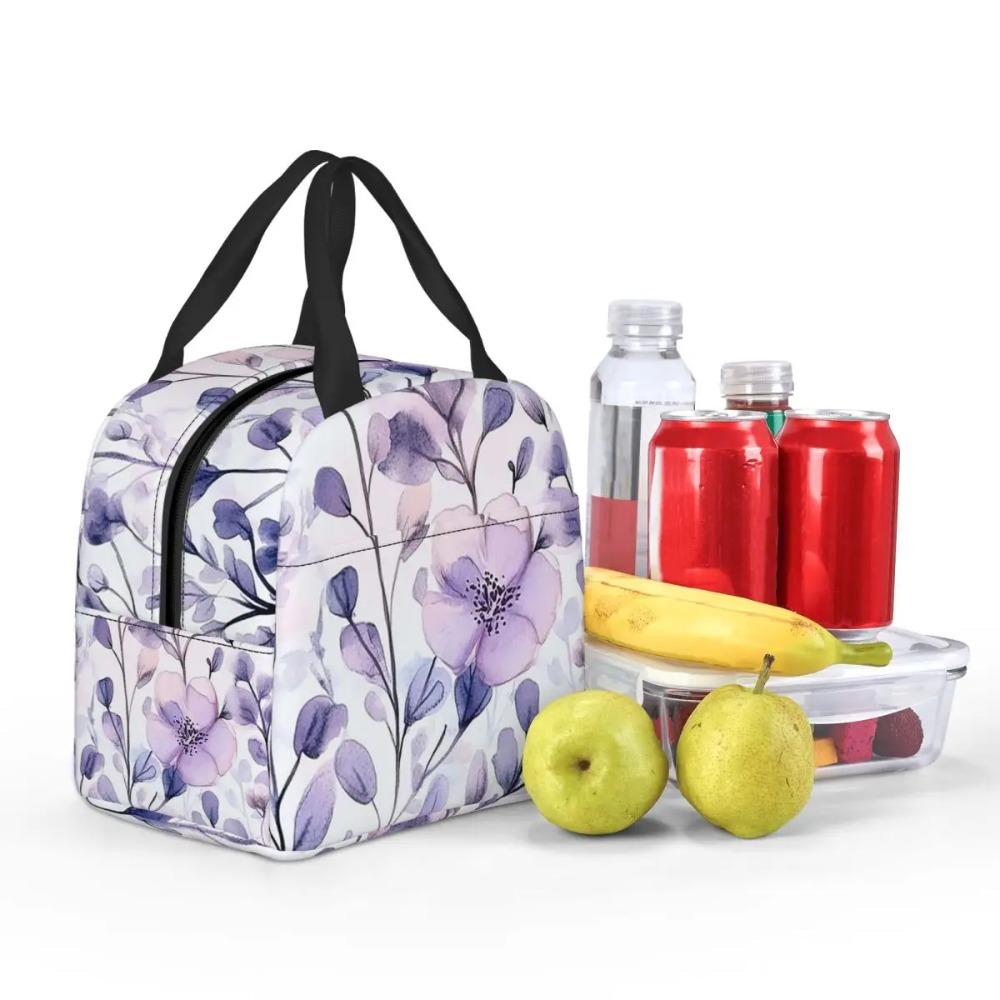 Light Purple Floral Pattern Insulated Lunch Bag for Women Children Portable Food Boxes Thermal Lunch Box Tote
