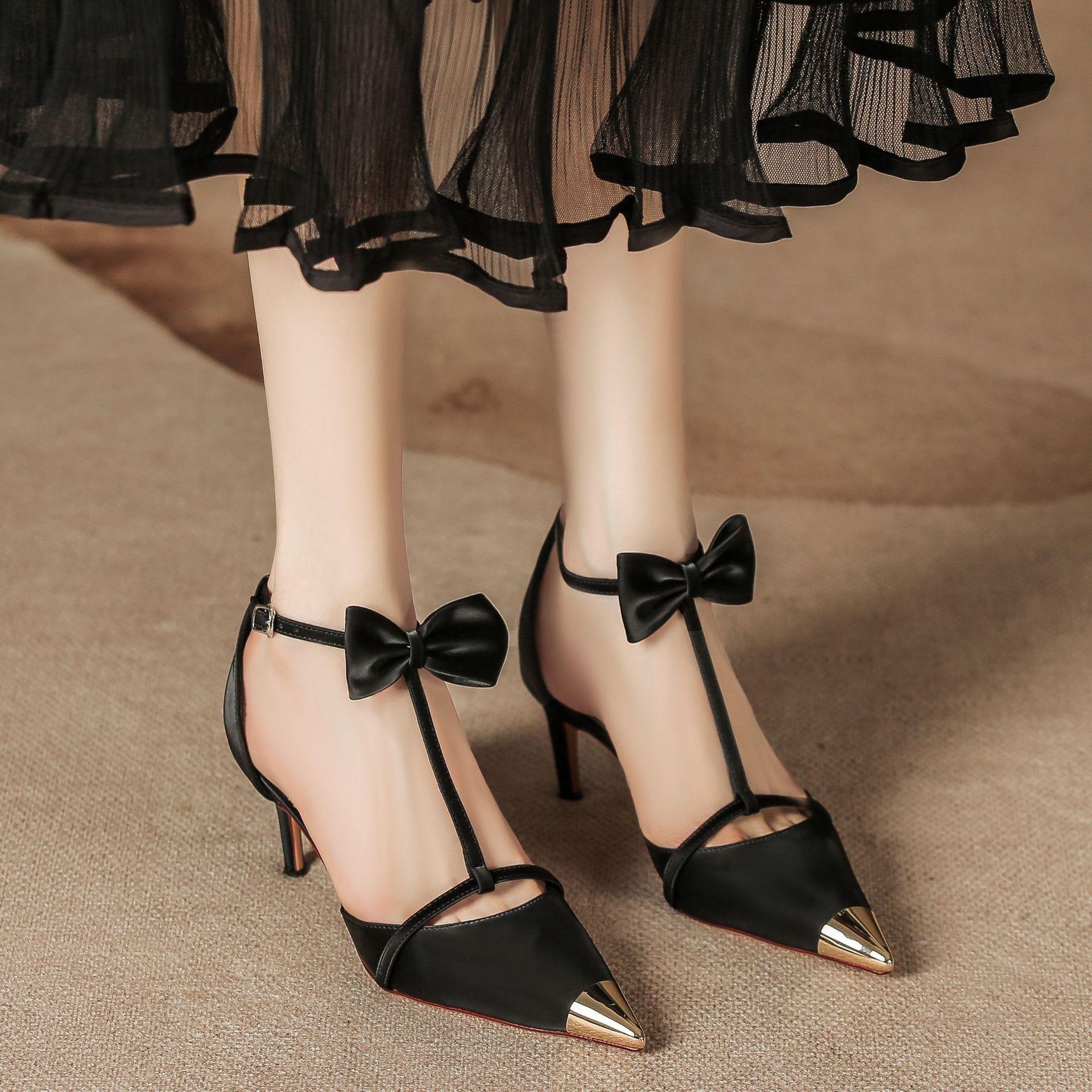 

H555-1 pointed head color matching high heel sandals women s thin heel bag head hollow sandals beautiful bow high heels women 34