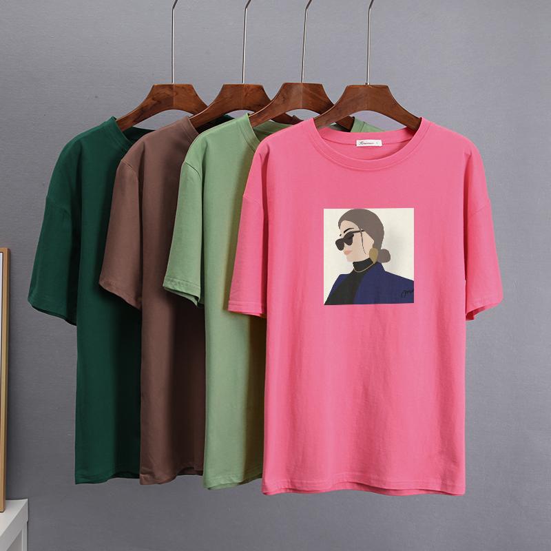 Hirsionsan Elegant Character Printed T Shirt Women Summer Chic Casual Tees Cotton Jumper Clothes Oversized Pullover Female Tops