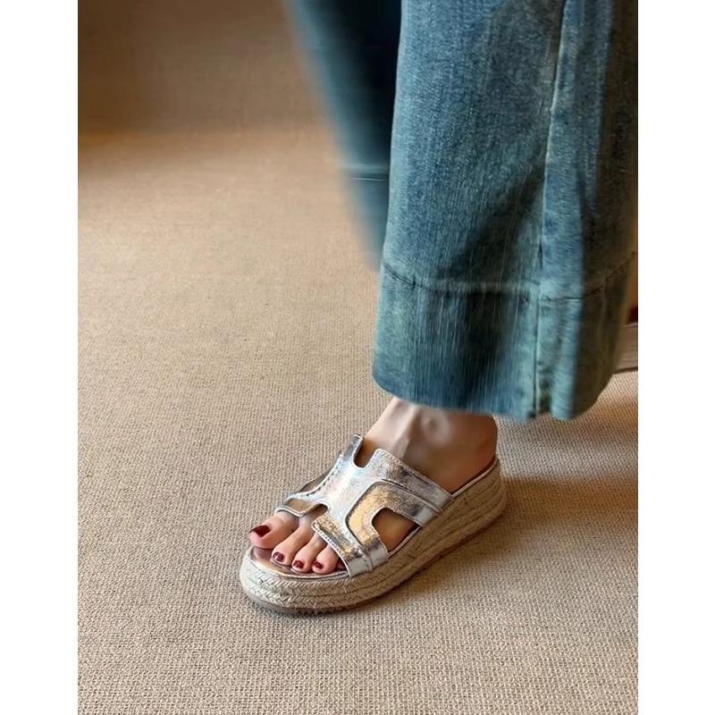 Sheepskin Version~ Genuine Leather Ruth Thick-soled One-word Slippers for Women's Summer Wear Straw-woven Muffin Shoes, High-heeled Cool Slippers