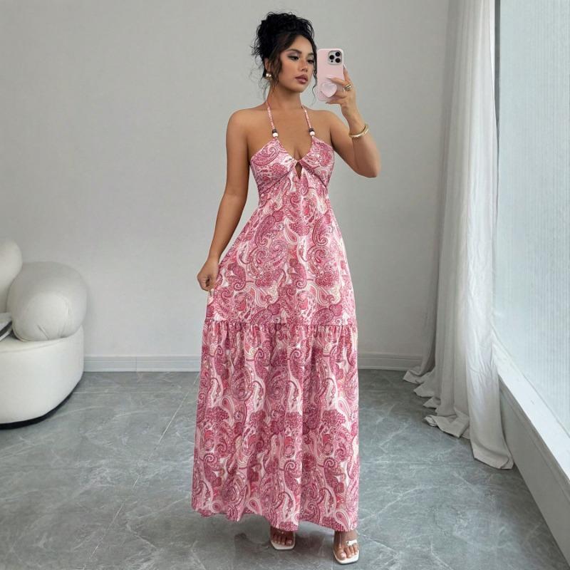 Women Paisley Print Halter Neck Maxi Dress Sleeveless Backless Summer Dress S розовый