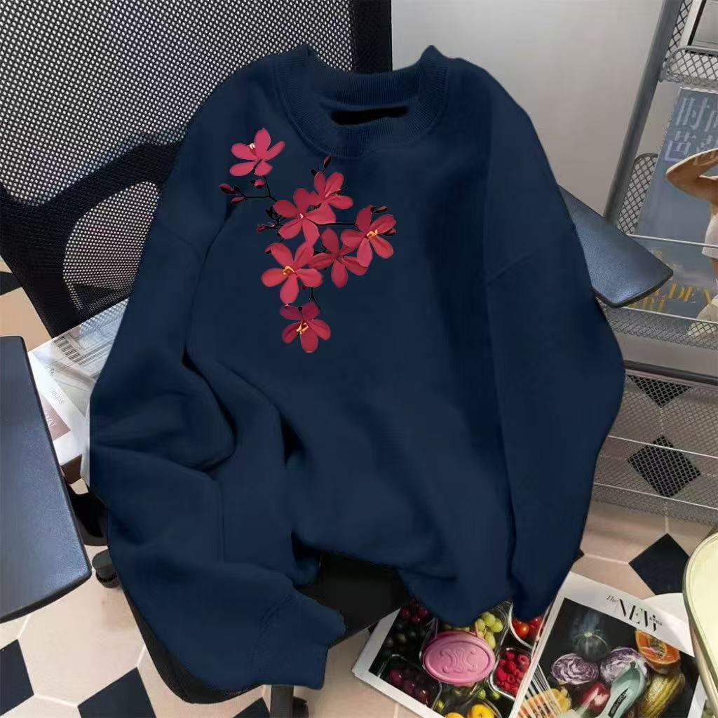 Autumn Winter Round Neck Sweatshirt Cherry Blossom Print Loose Casual Long Sleeve Pullover