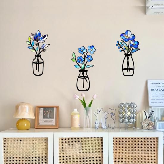 3 Stück/Set Metall Blumenvase Wandskulptur 3D Hohl Eisendraht Pflanzenvase Wandornament Zuhause Büro Wohnzimmer Badezimmer Küche Wandkunst Schild