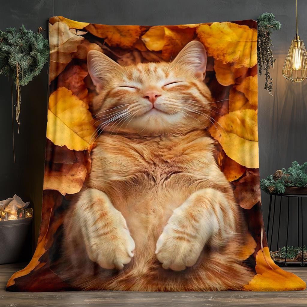 Custom Cat Blanket Orange Tabby Sleeping In Autumn Leaves Design Personalized Name Fleece Throw All Season Soft Warm Bedding