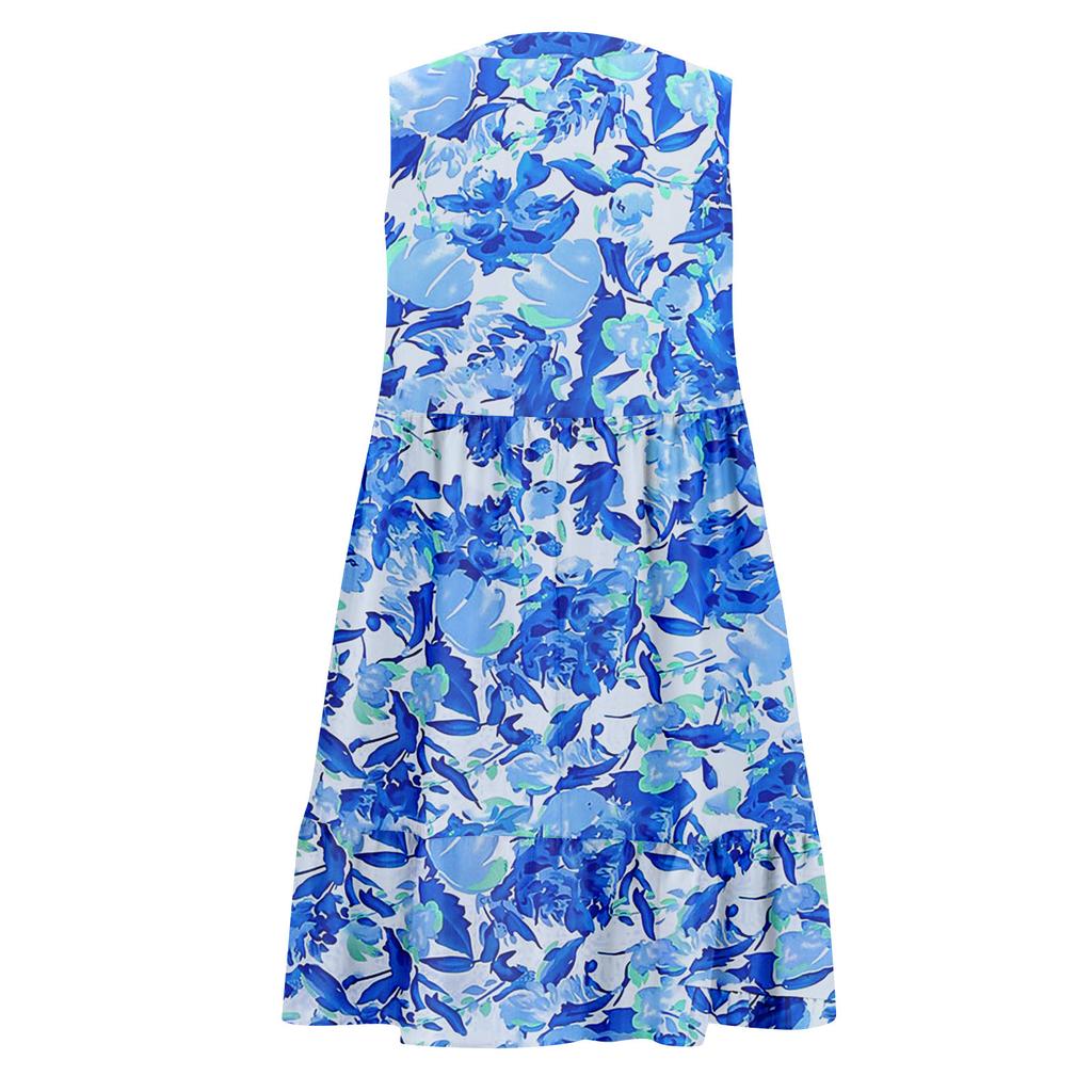 Abito Estivo da Donna Senza Maniche Scollo a V Stampa Abiti Corti Moda Casual Fluido Boho Volant A Linea Svasato Prendisole