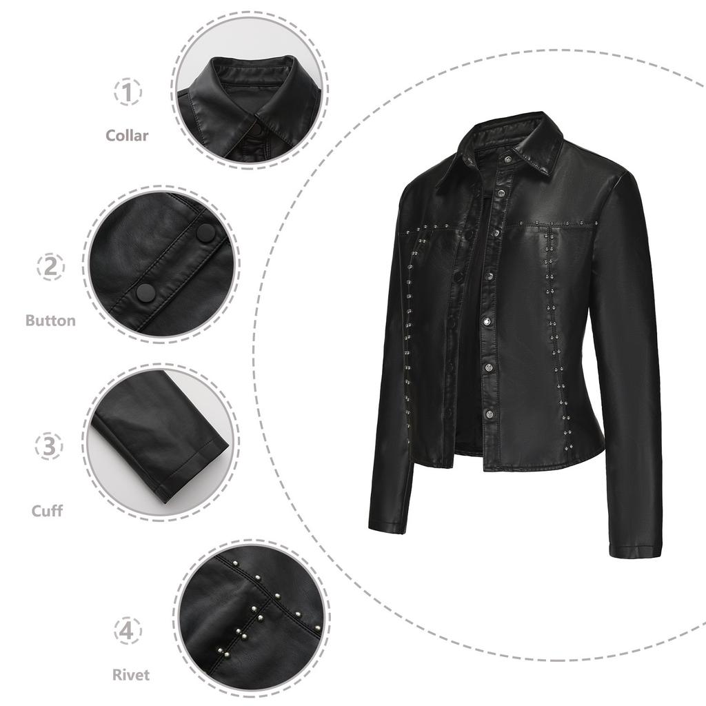2024 Spring and Autumn New Rivet Leather Jacket Cardigan Button Leather Jacket European and American Fashion Thin Jacket Cross-border Women's Clothing