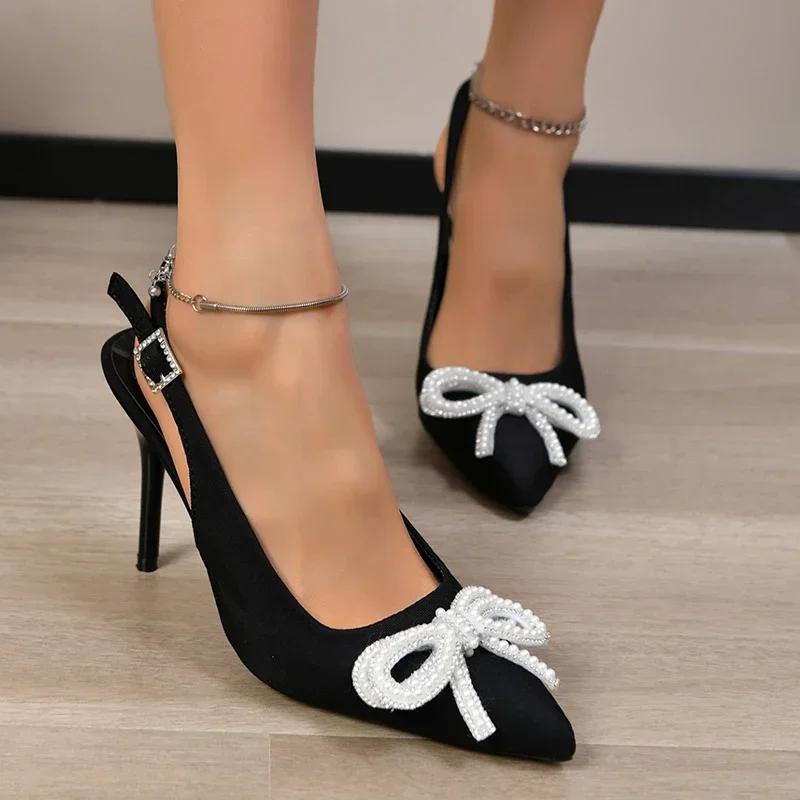 Elegant Pearl Bowtie High Heels Sandalias Mujer 2024 Summer Ankle Straps Thin Heeled Pumps Woman Plus Size 43 Black Party Shoes