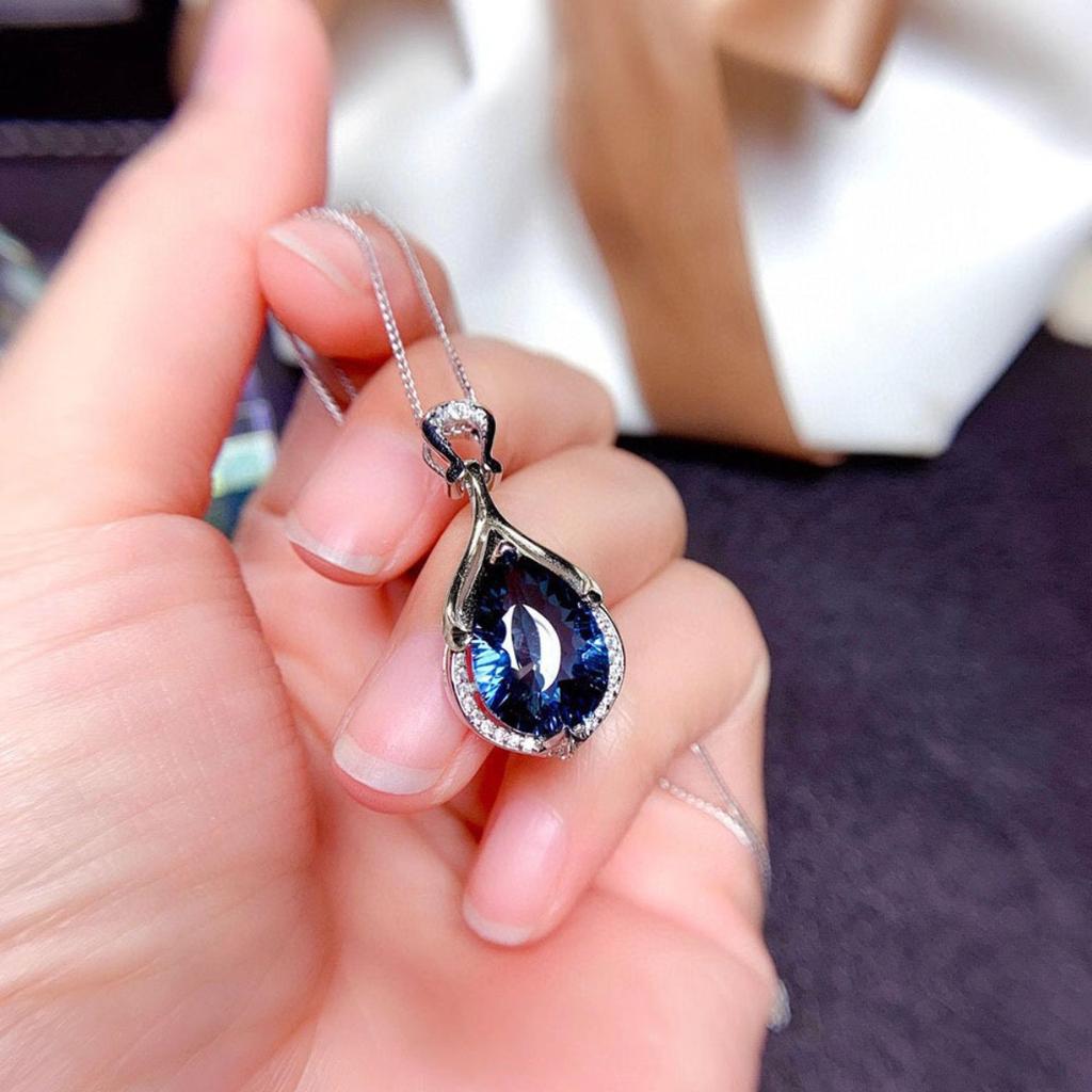 Ciondolo a Goccia Pietra Blu Profondo Halo con Pietra Superiore Sottile Catena Gioielli da Collo Eleganti Donna