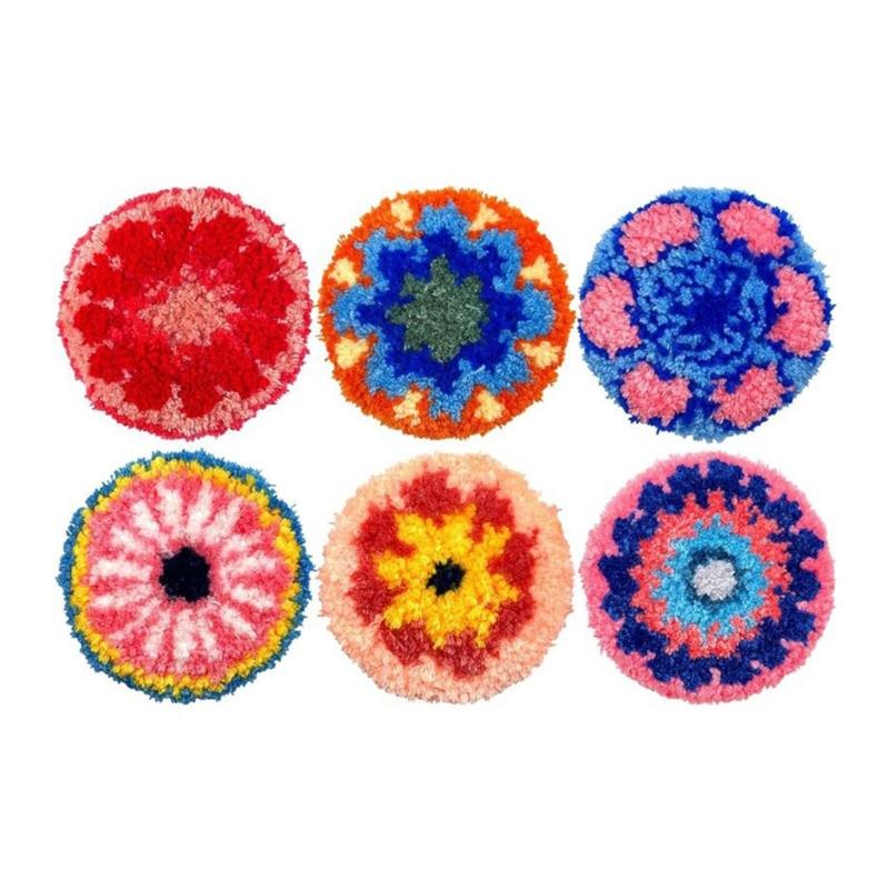 Embroidery Starter Set 6 Reusable Punches Needle Coasters Pattern With Soft Fabric and Complete Tool