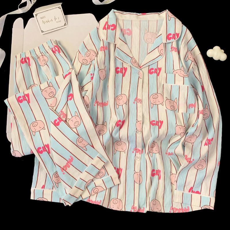 Polyamide Striped Pig Pajamas Women'S Spring And Autumn Cloud Cotton Long Sleeve Sweet Girl Loungewear