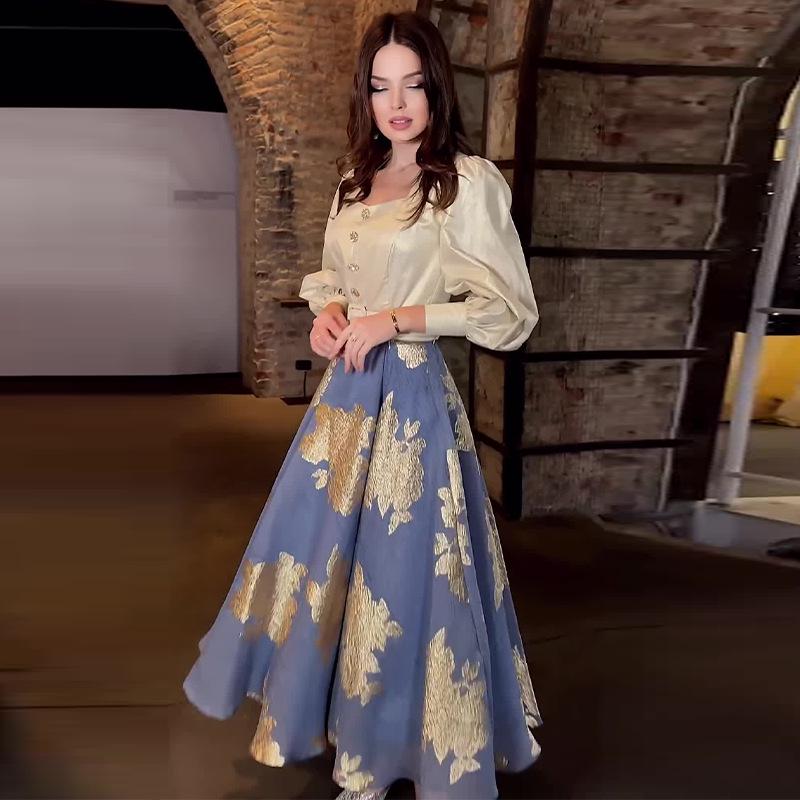 

2024 Осень Европейский и американский однотонный топ и юбка миди с принтом, комплект из двух предметов для женщин XL абрикосовый