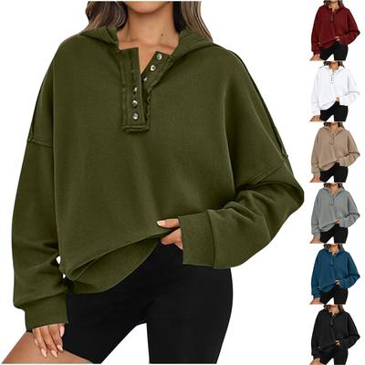 Damen Einfarbiges Revers Bequemes Lässiges Knopf Langarm Kapuzen-Sweatshirt