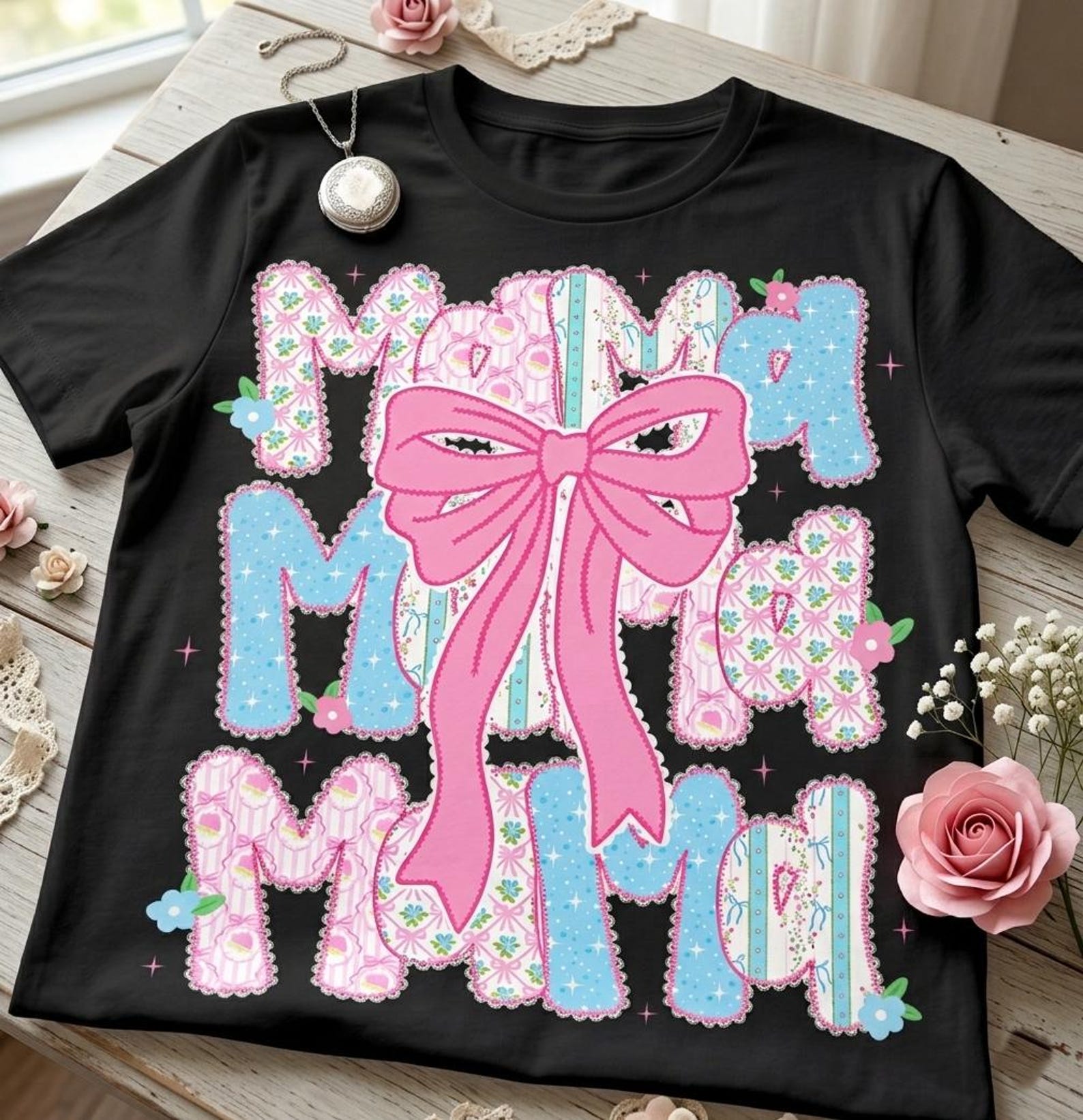 Mama Coquette Floral Bow Shirt, Girly Pastel Patchwork Mom Tee 3XL