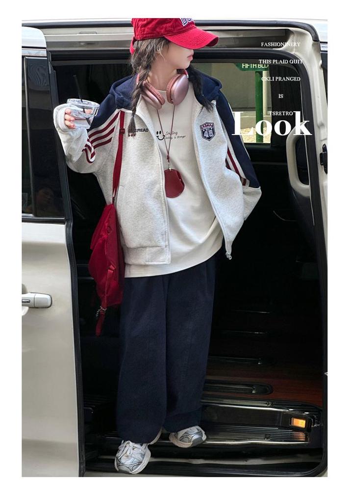Girls' Striped Color Block Stand Collar Hoodie Cardigan - Casual Loose Fit Spring/Autumn Jacket