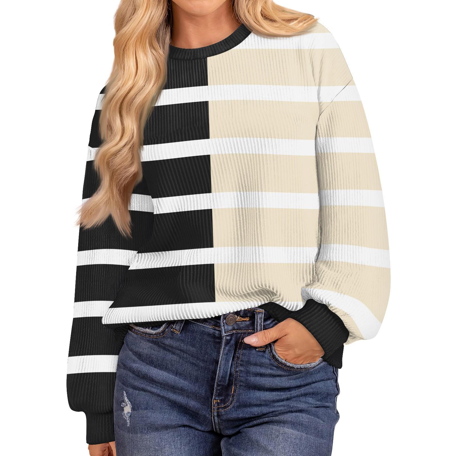 

Женские повседневные свободные туники, топы с круглым вырезом, трикотажные ребристые рубашки с принтом, длинный рукав, пуловер, топ S бежевый