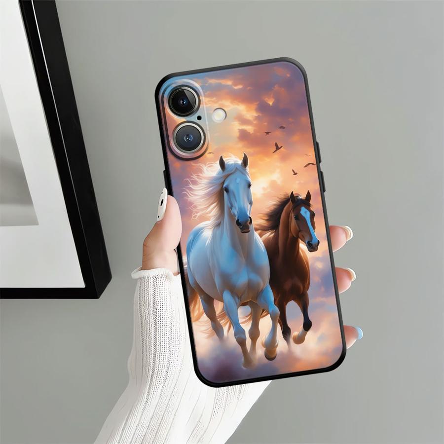 Animal Horse Pattern Black Soft Phone Cover Case for iPhone 15 16 14 Plus 7 8 13 12 11 17 Pro Max 17Air XR XS Max