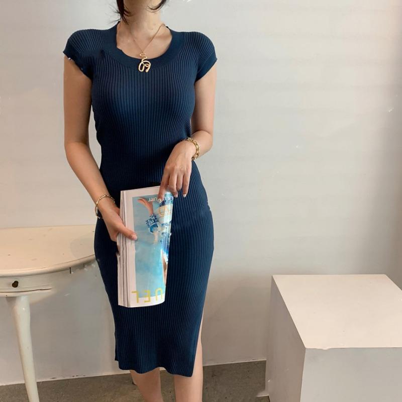 

Новое модное трикотажное сексуальное длинное платье для вечеринки, женское облегающее платье без рукавов с круглым вырезом, летнее платье для женщин, элегантное повседневное женское платье с высокой талией 25973 One Size темно-синий