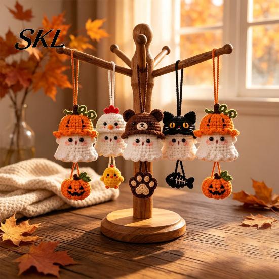 Crochet Ghost Hanging Decor Halloween Decoration, Handmade Ornament for Car Backpack Charms Rearview Mirror, Knit Yarn Pendant Holiday Hand Woven