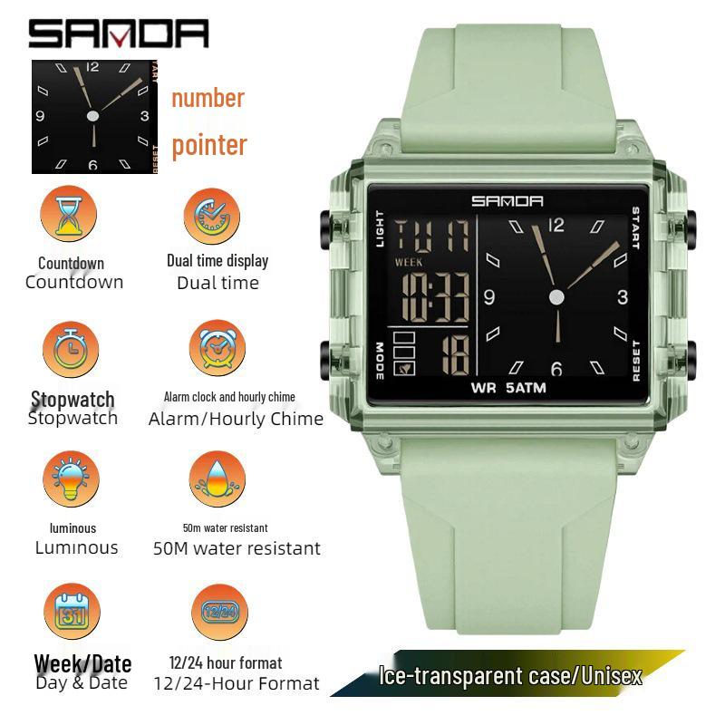 Sanda Digital Waterproof Sports Watch with Large Luminous Dial and Multifunctional Timing for Outdoor Use