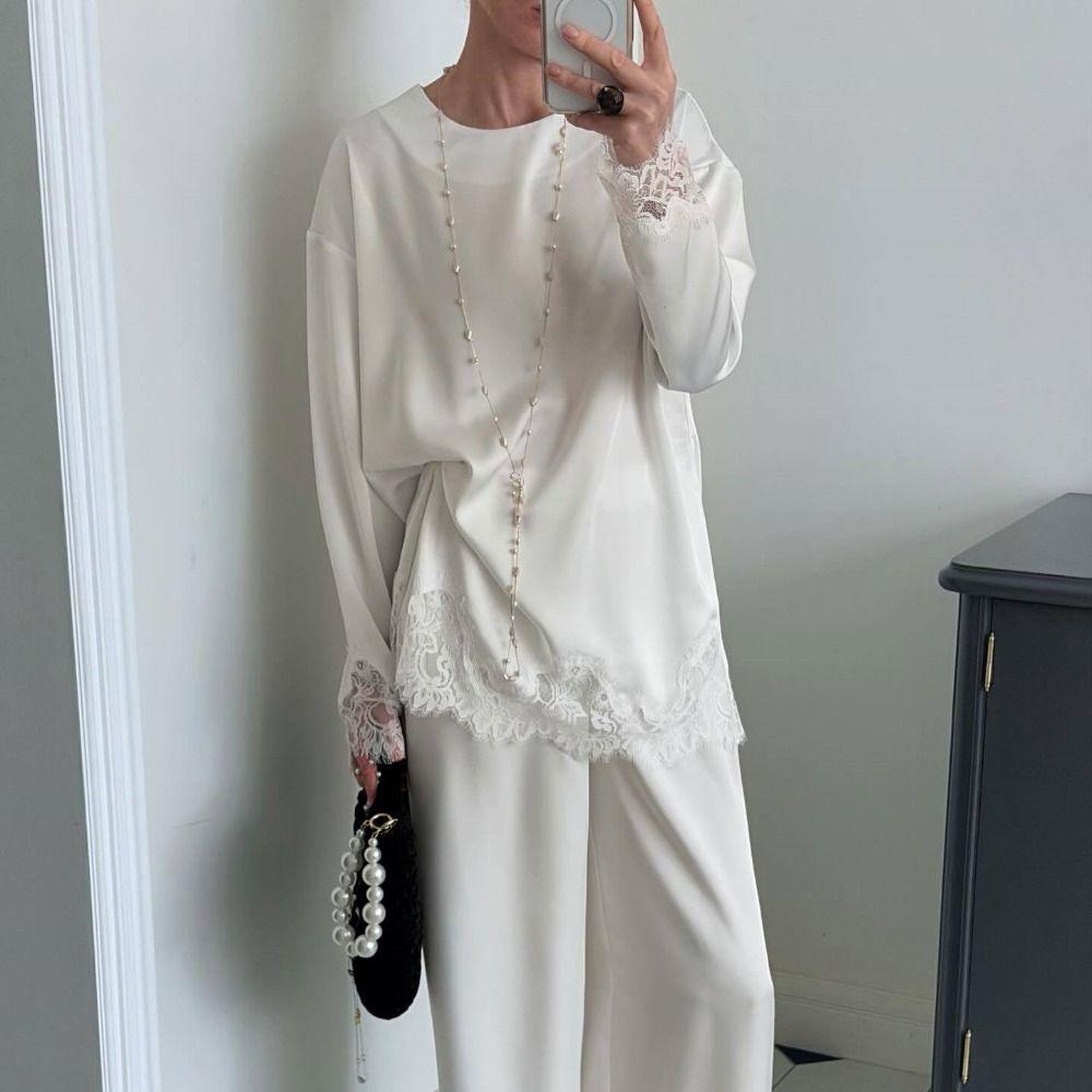 Lace Trim Long Sleeve T-shirt O-Neck Tunic Tops Fashion Beach Robe  Summer Wear