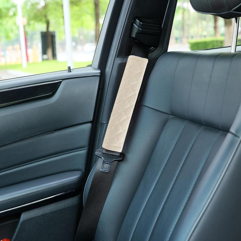 Automotive Seat Belt Cover Soft Suede Universal Fit Seatbelt Shoulder Pad Neck Protector Cushions for SUV Trucks Airplane Backpack 2 Pack Beige
