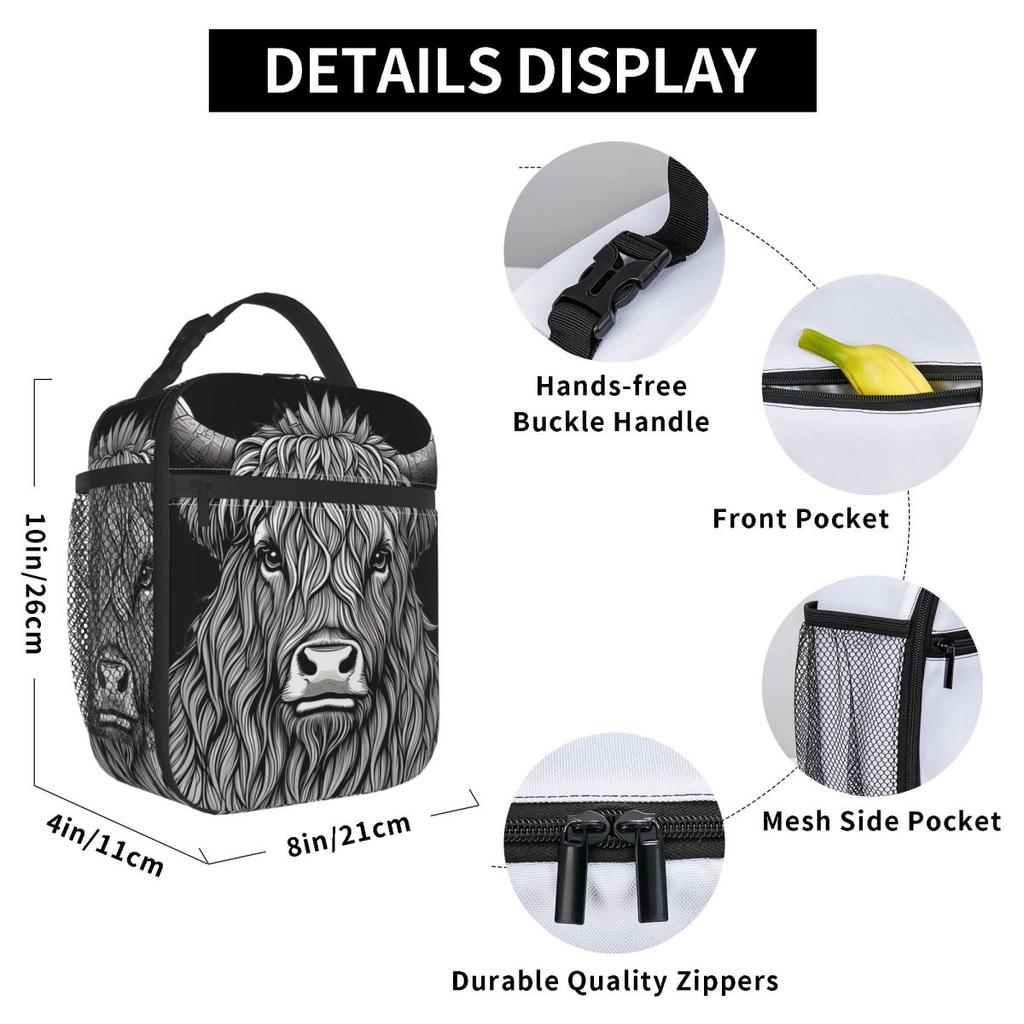Graue Hochland-Yak-Muster-Isolierte Lunchtasche für Damen Kinder Tragbare Lebensmittelboxen Thermische Lunchbox Tragetasche