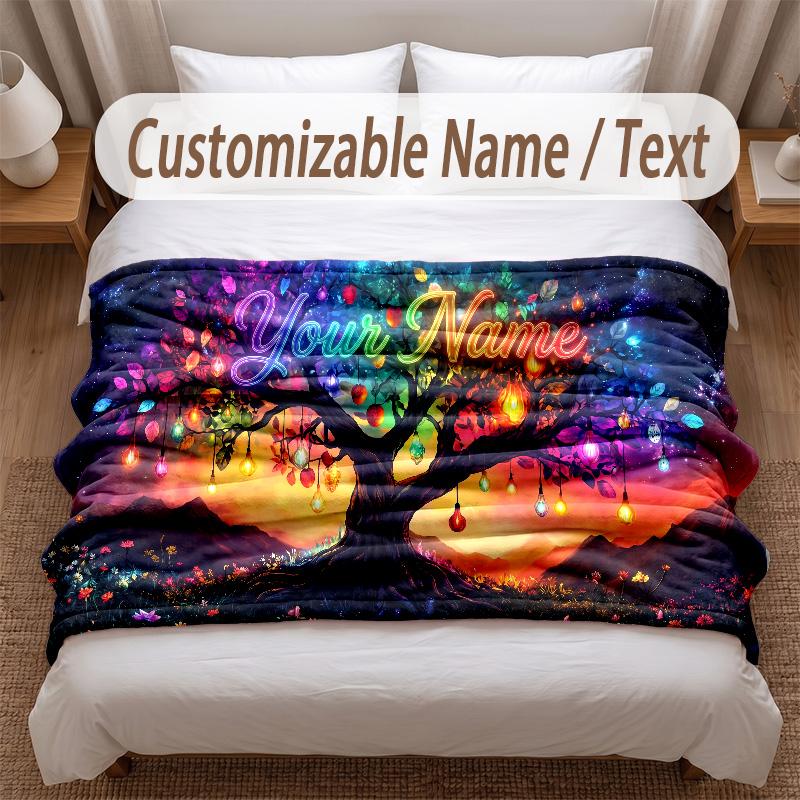 Tree of Life Theme Soft Blanket Personalized Custom Name Text Print Warm Blanket Home Sofa Bedroom Decor