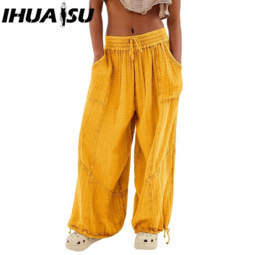 

IHUASU 8 цветов Женские брюки с высокой эластичной талией Широкие штанины Свободные брюки Глубокий жилет Плиссированные щиколотки Карманы Однотонные Мягкие женские повседневные брюки XL жёлтый