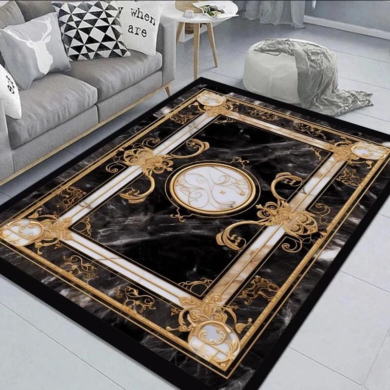 Elegant Black Gold Marble Rug Decorative Carpet for Living Room Large Area Floor Mat Non-slip Doormat for Hallway Balcony