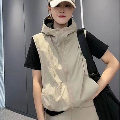 Women's Summer Loose Thin Section Hooded Vest Outdoor Sports Solid Color Short Section Sun Shirt
