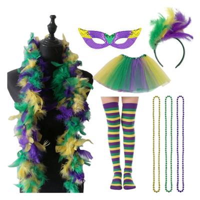 Women Mardi Gras Headband with Half Mask&Necklace&Scarf&Leg Warmer Festival Mini Skirt for Cosplay Party Performances