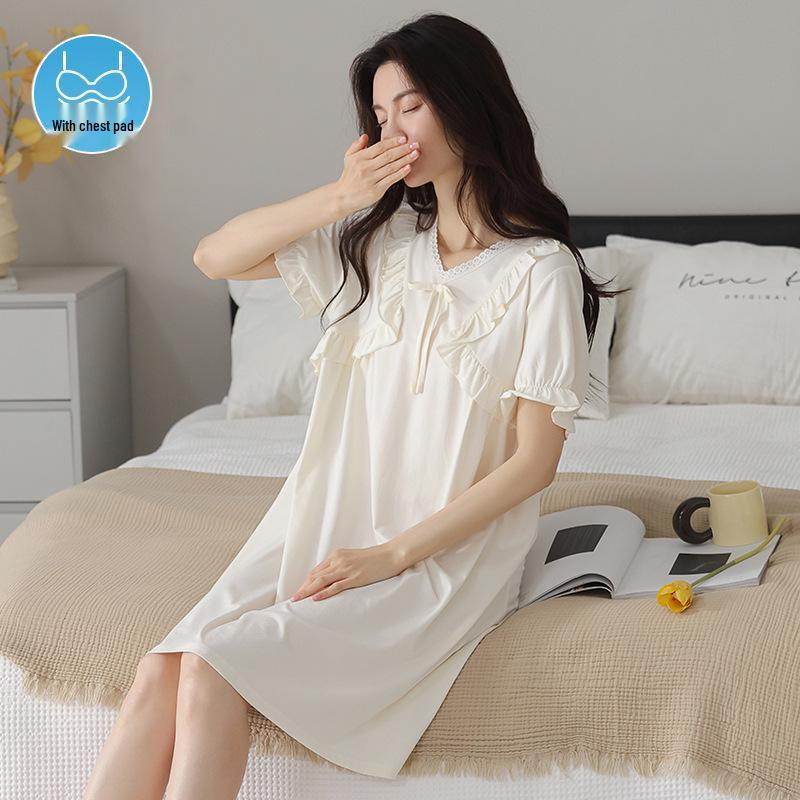 Women's Court Style Cotton Silk Nightgown with Built-In Bra Pads, French Large Size Summer Pajama Dress