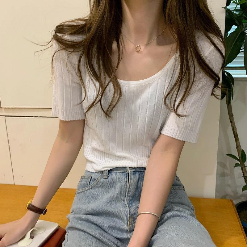 French Waist Top Summer Women's New U Neck Thin Ice Silk Knit Short Sleeve T-shirt Square Neck Short Shirt