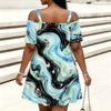 Women Plus Size Cold Shoulder Chain Strap Short Sleeve Printed Loose Dress Pink Purple White