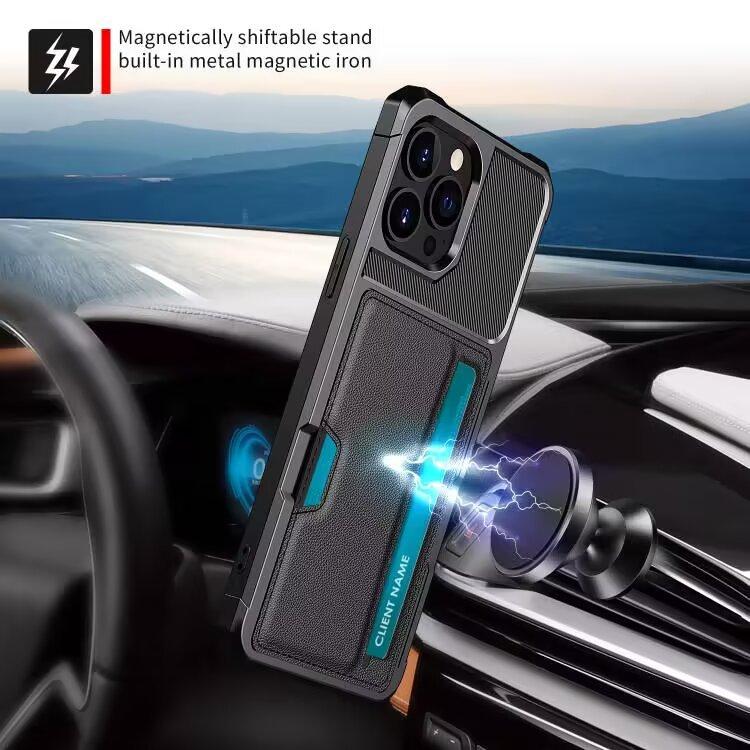 Suitable for iPhone15 mobile phone case Samsung S24 car magnetic suction bracket insert card anti-drop case A15 solid color leather case