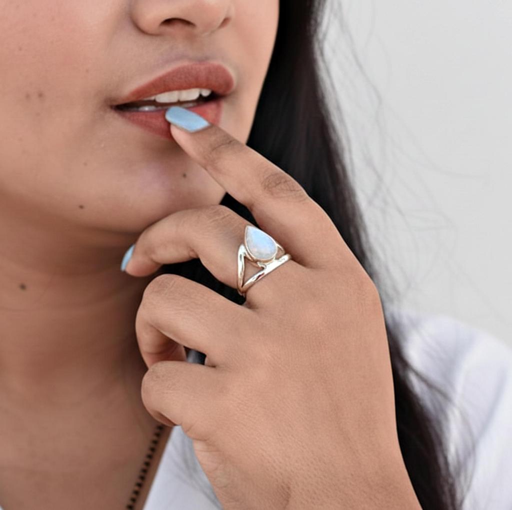 Rainbow Moonstone Statement Ring, 925 Sterling Silver, Minimalist Everyday Wear Jewelry for Women