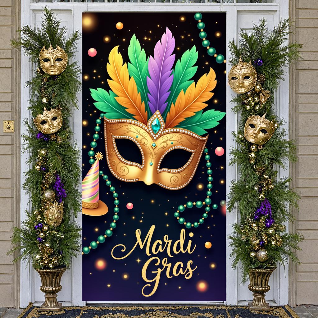 Veer Decoratie Banner Gouden Masker Kleurrijke Feest Achtergrond Kralen Ornament Display Juweel Versierde Mardi Gras Banner