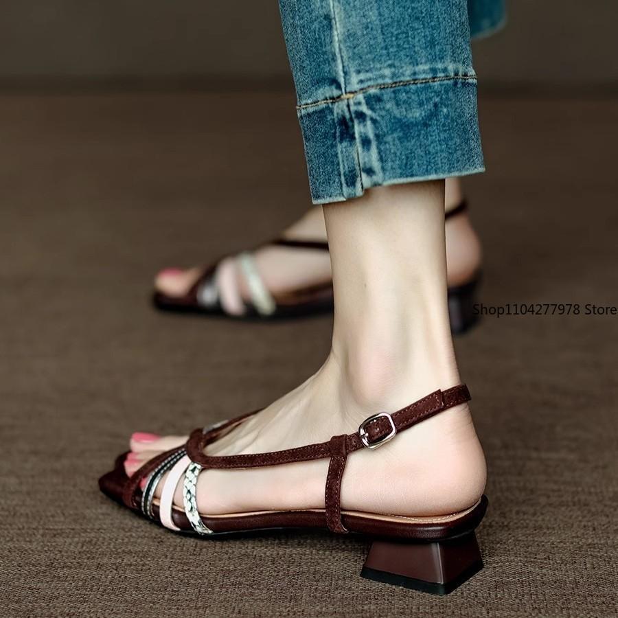 Fashion Retro Green Genuine Leather Sandals 2025 Summer Women Pointed Toe Chunky Heel Women Shoes Giadiator Shoes Sandalias Mujer