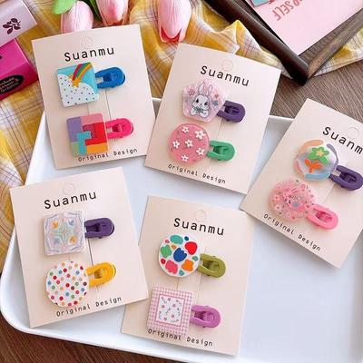 2 Stück koreanische geometrische Haarnadel Regenbogenfarbblock Mädchen Pony Seitenclip niedliche Cartoon Mädchen Haarnadel Kopfschmuck