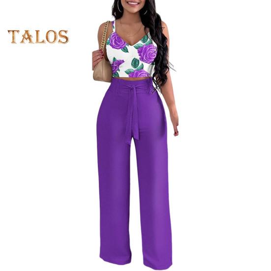 

Летние комплекты из двух предметов для женщин: безрукавка с V-образным вырезом, топ на бретельках, широкие брюки, летний повседневный костюм с цветочным принтом L фиолетовый