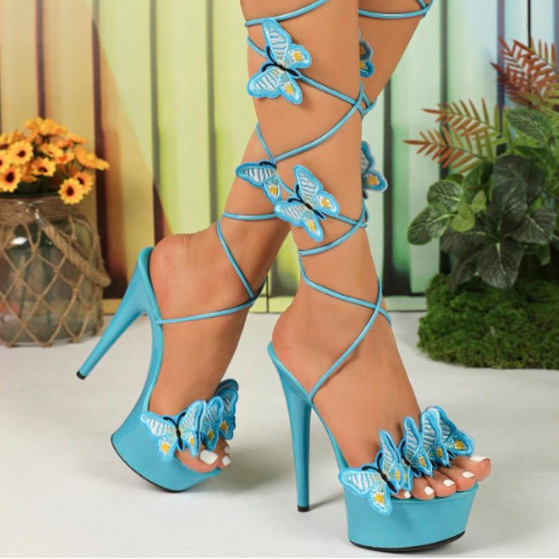 Summer Sandals Women Patent Leather Butterflies Wrap Around Lace Up 15cm Stiletto High Heels Party Nightclub Ladies Shoes