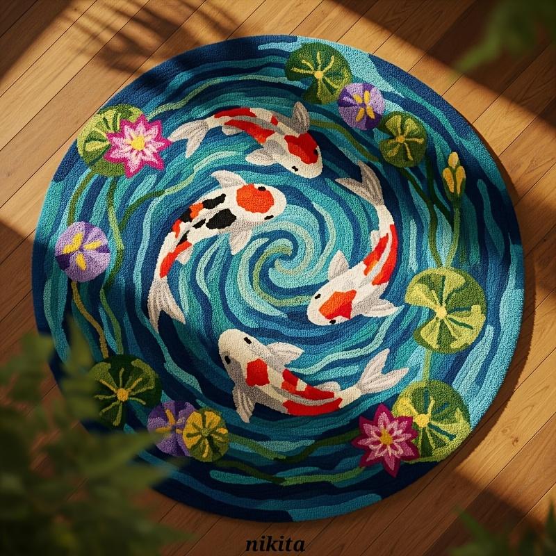 

Круглый ковер с узором из рыб кои, Мягкий нескользящий коврик для пола для гостиной и спальни, Прочный, можно стирать в машине, Декор для дома Diameter 60cm