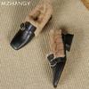 Women Fur Square Toe Cotton Shoes Leather Mid Heels Loafers Shoes Woman 2025 Trend Winter Warm Cozy Dress Snow Boots Zapatillas